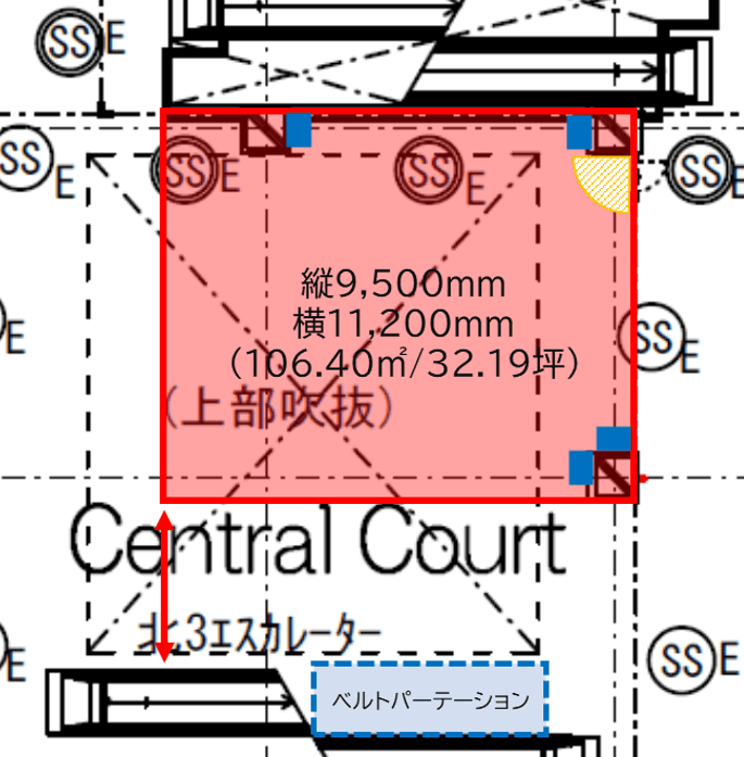 「2F-1区画(センターコート)」大型ポップアップストアやプロモーションに最適な広々としたイベントスペースの図面・フロアマップ