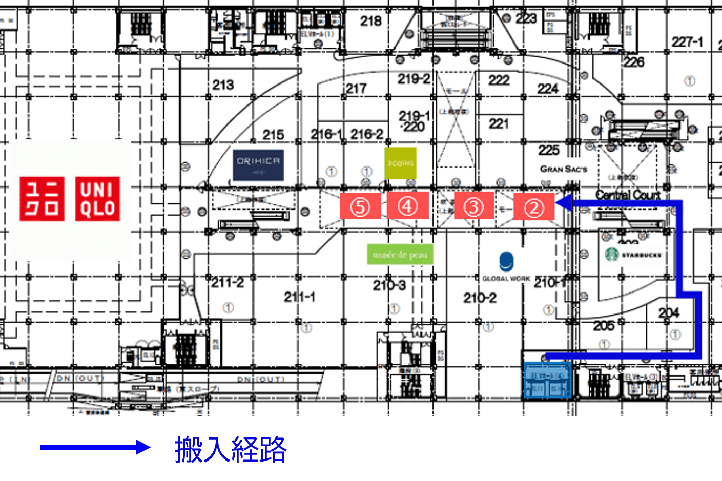 「2F-5区画(センターアベニュー:3コインズプラス奥側)」ファッション・アパレル関連のポップアップストアやプロモーションに適したイベントスペースの図面・フロアマップ