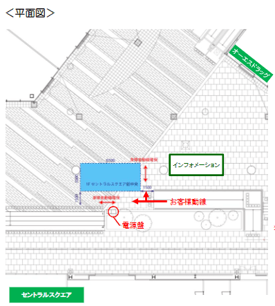 「②1F セントラルスクエア前中央(CS前中央)」屋根下で四方から通行客に視認されやすい食物販やPRプロモーション向けの人気イベントスペースの図面・フロアマップ