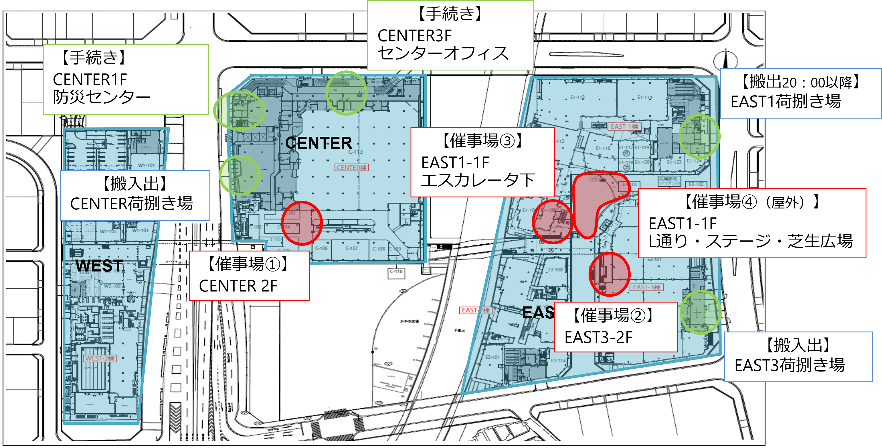 「①CENTER-2F 西側催事スペース」物販催事やワークショップなどに最適な、デッキ入口すぐでメイン導線上イベントスペースの図面・フロアマップ1