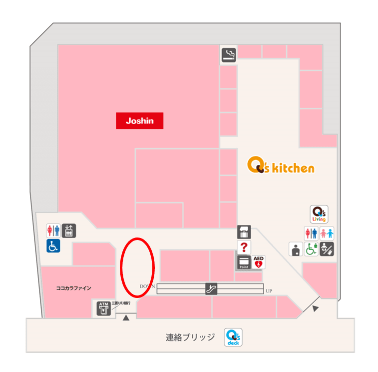 「①CENTER-2F 西側催事スペース」物販催事やワークショップなどに最適な、デッキ入口すぐでメイン導線上イベントスペースの図面・フロアマップ