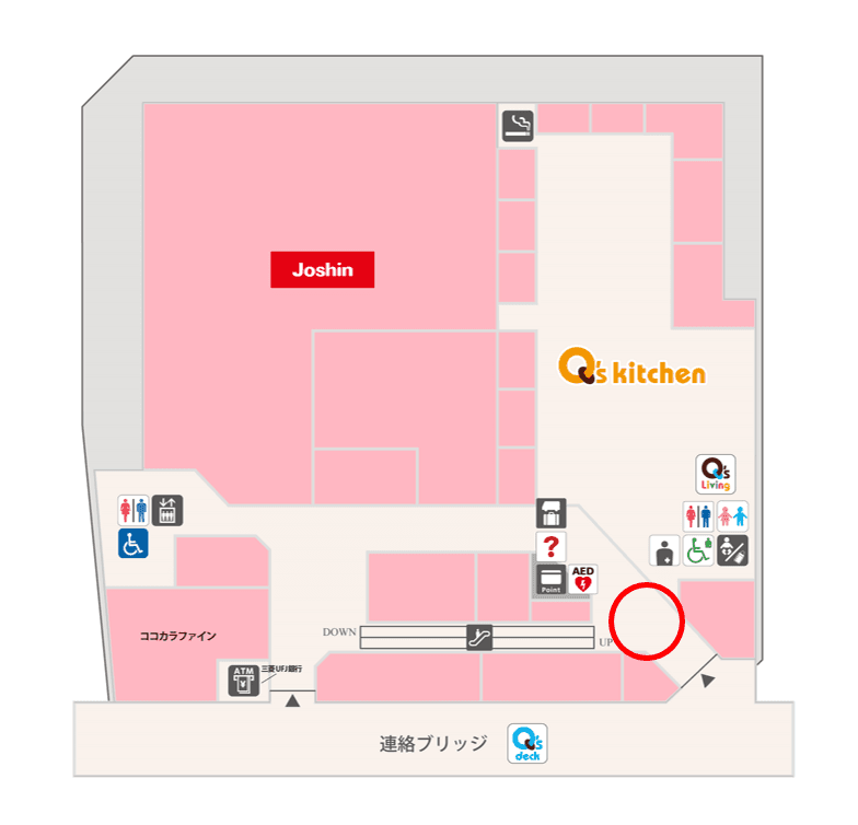 「②CENTER-2F インフォメーション前(東出入口周辺)」四方からの視認性が高い、物販催事やPRプロモーションにおすすめのイベントスペースの図面・フロアマップ