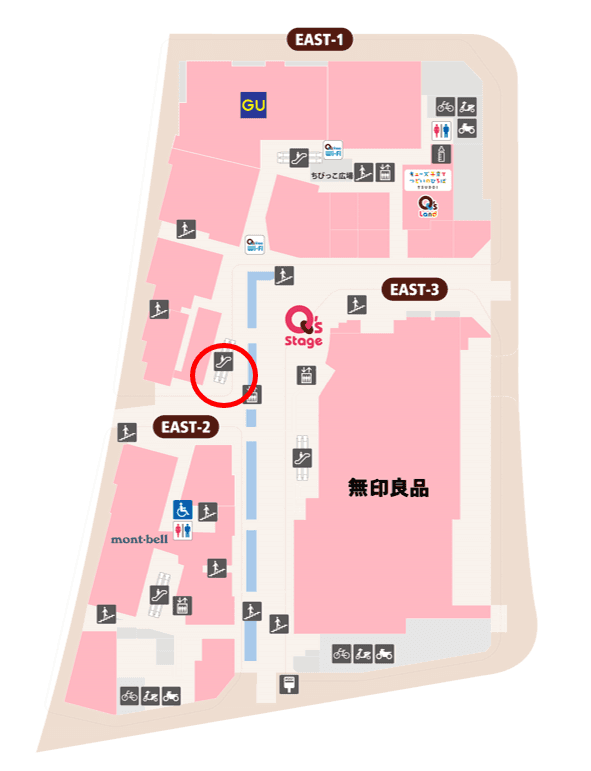 「④EAST1-1F エスカレーター下」PRプロモーションなどに利用可能な天候に左右されない通路導線上のイベントスペースの図面・フロアマップ