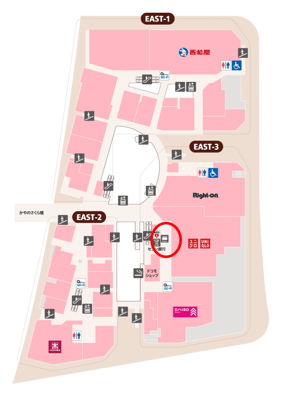 「⑤EAST3-2F ユニクロ前スペース」物販催事やワークショップに適した、エスカレーター近く通行量の多いイベントスペースの図面・フロアマップ