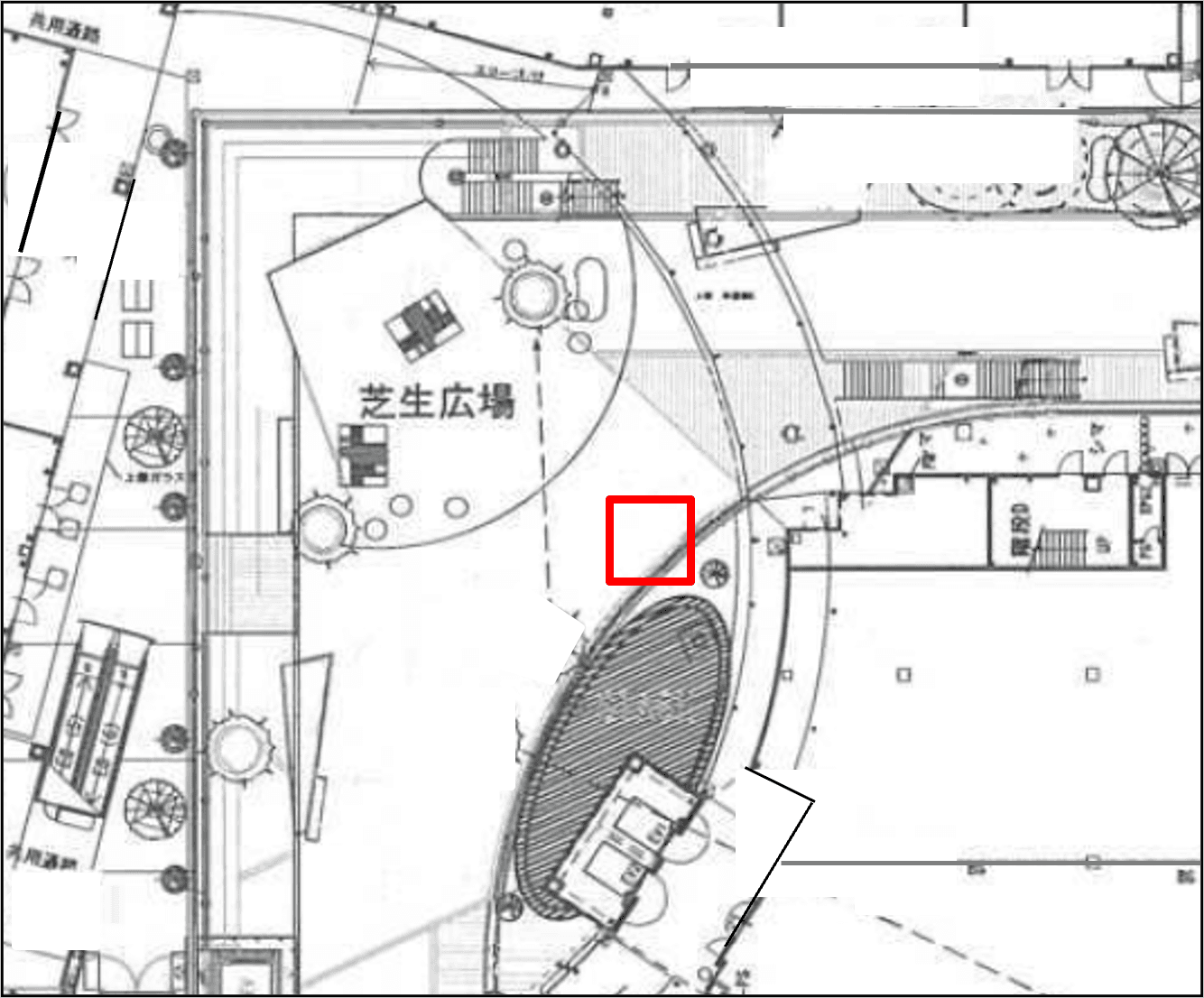 「⑦L通り Bスペース」キッチンカーや各種プロモーションに最適な広場とステージ近くのイベントスペースの図面・フロアマップ