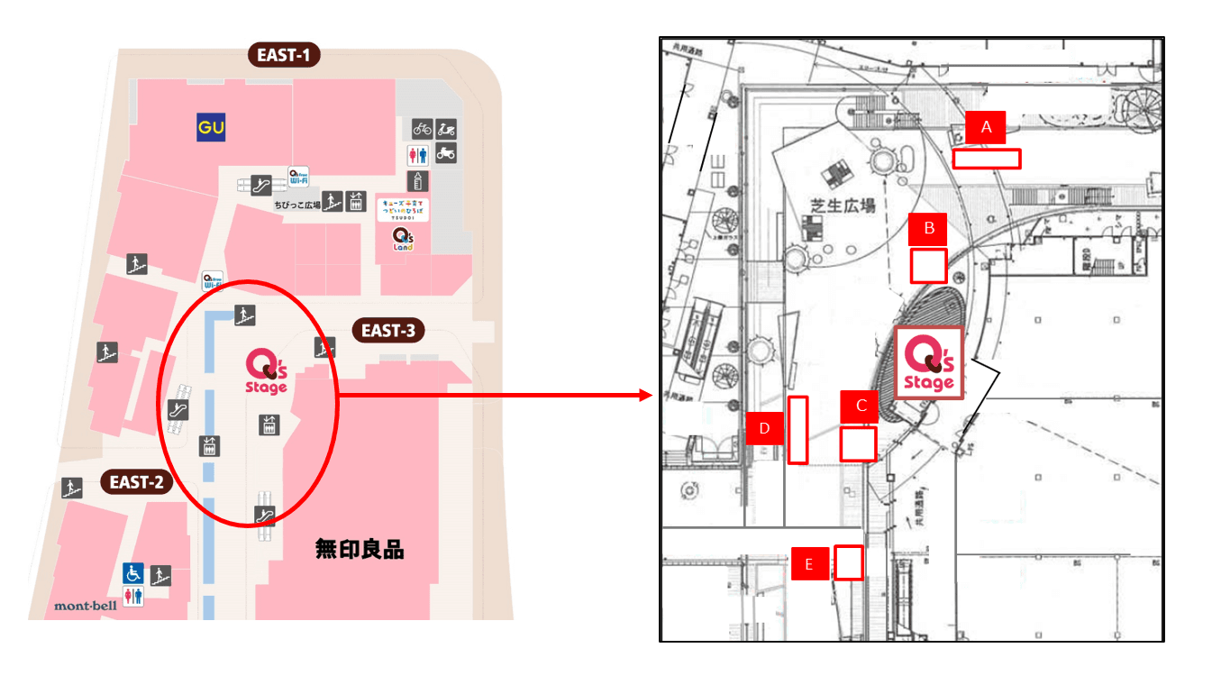 「⑦L通り Bスペース」キッチンカーや各種プロモーションに最適な広場とステージ近くのイベントスペースの図面・フロアマップ1