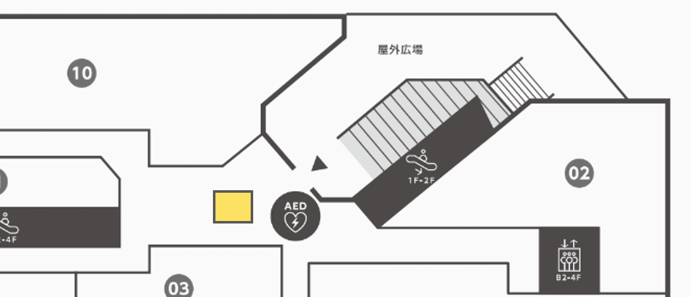 「2階」物販のポップアップに最適な、エスカレーター付近の通行量が多いイベントスペースの図面・フロアマップ