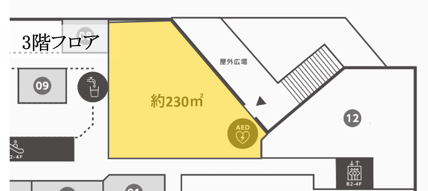 「3階屋内広場」大型ポップアップ、音楽・アーティストのステージイベントに最適なCOCONO SQARE吹き抜けイベントスペースの図面・フロアマップ