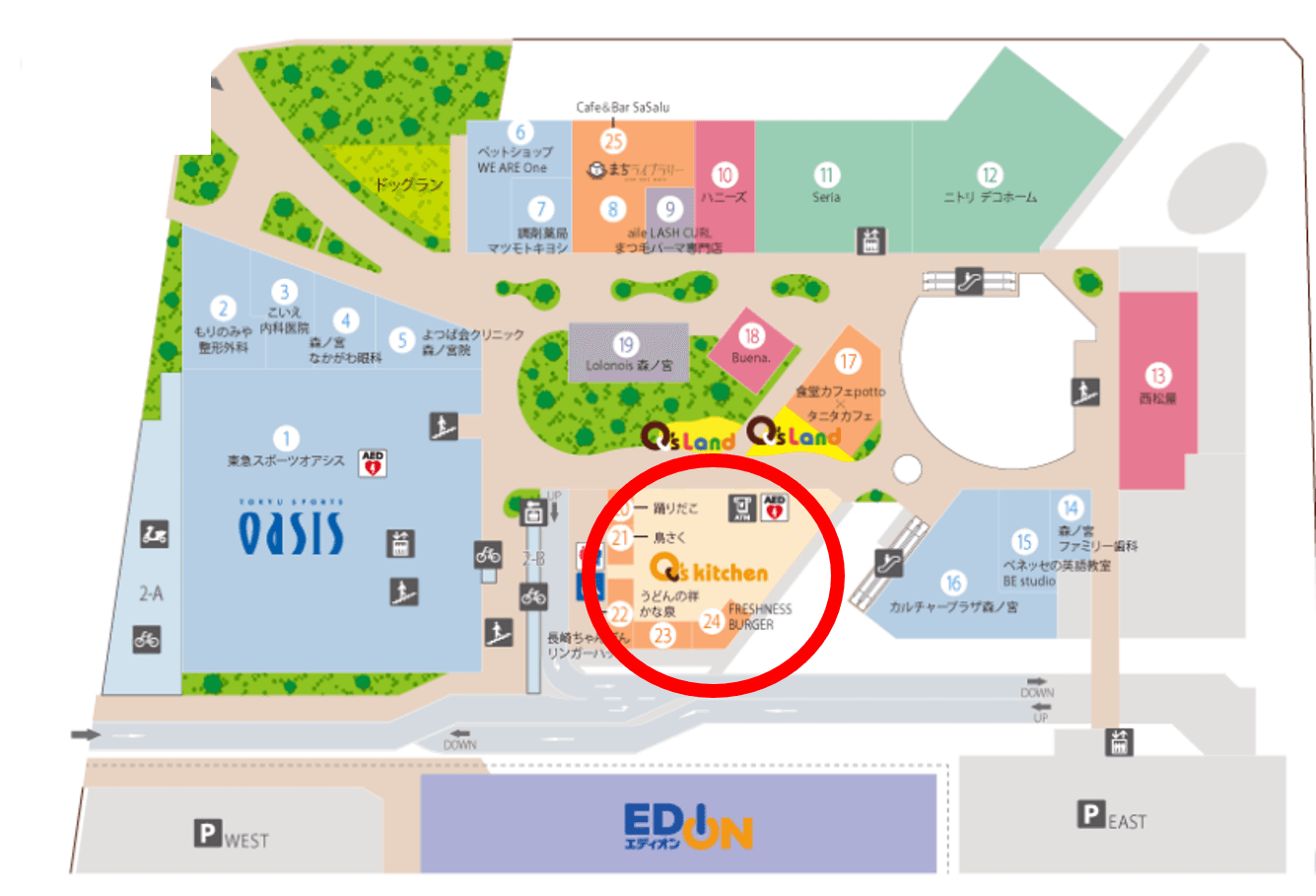 もりのみやキューズモールBASE【メディア】「①2階Q’s kitchen(フードコート)」の図面・フロアマップ