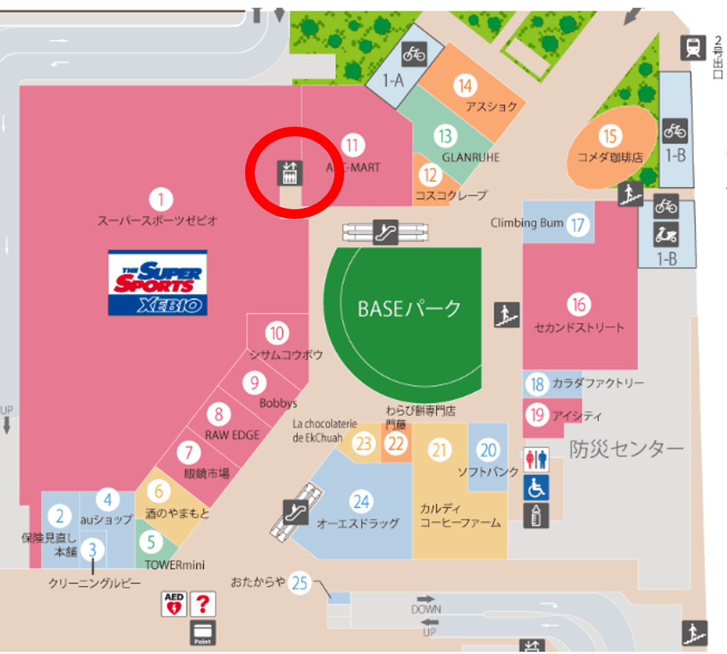 もりのみやキューズモールBASE【メディア】「④エレベーター」の図面・フロアマップ