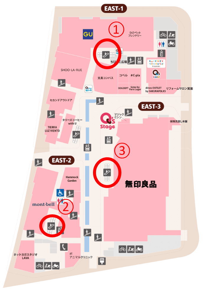 みのおキューズモール【メディア】「③EAST1・2・3(1~3階)エスカレーター」の図面・フロアマップ