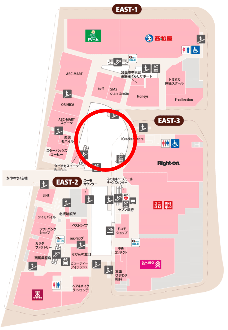 みのおキューズモール【メディア】「⑤EAST2階 歩廊フェンス」の図面・フロアマップ