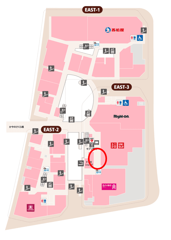 「⑦EAST3-2F ドコモ前スペース」物販催事やワークショップに適した、エスカレーター近く通行量の多いイベントスペースの図面・フロアマップ1