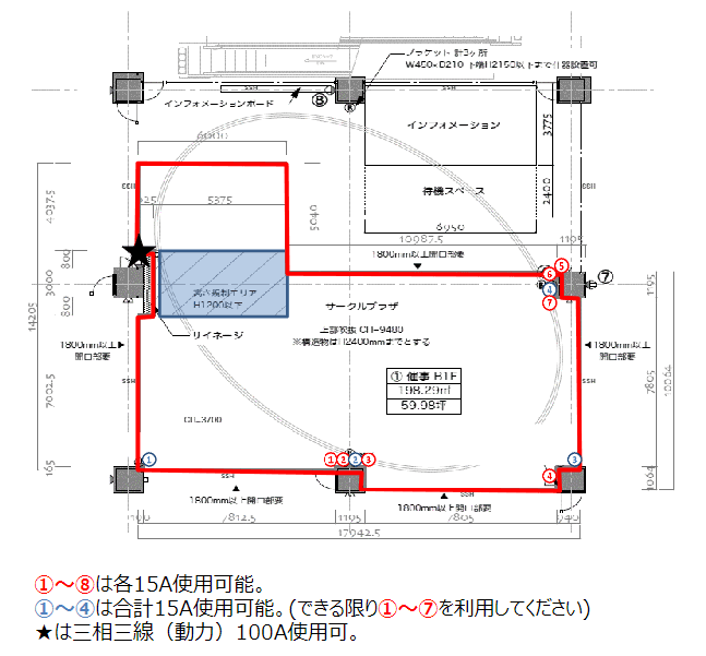 「①B1F サークルプラザ」(地下鉄直結)大規模なプロモーション用途や物販、食物販のポップアップに最適なイベントスペースの図面・フロアマップ