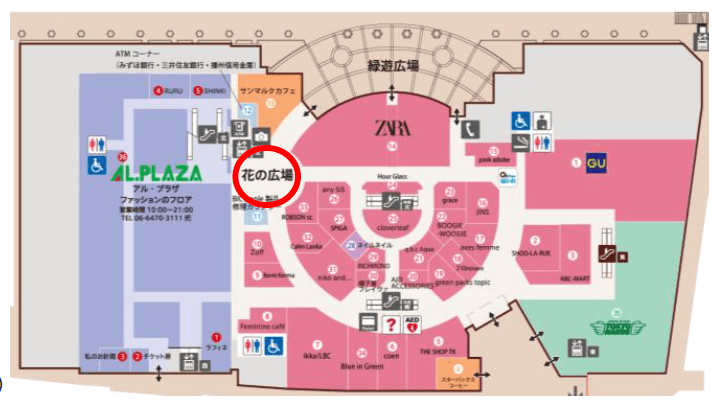 「⑤2F 花の広場」大型ポップアップストアや食物販に最適な、導入階に位置する広々としたイベントスペースの図面・フロアマップ