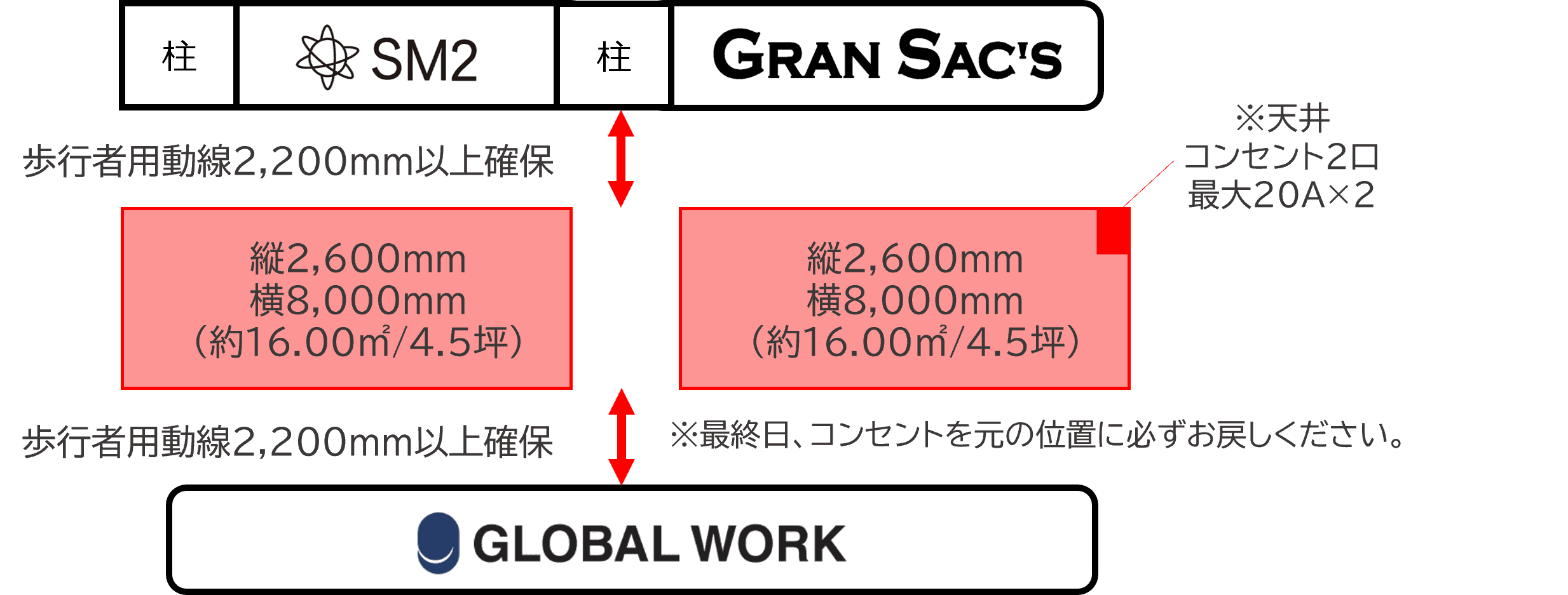 「2F-2区画(センターアベニュー:グランサックス前)」ファッション・アパレル関連のポップアップストアやプロモーションに適したイベントスペースの図面・フロアマップ1