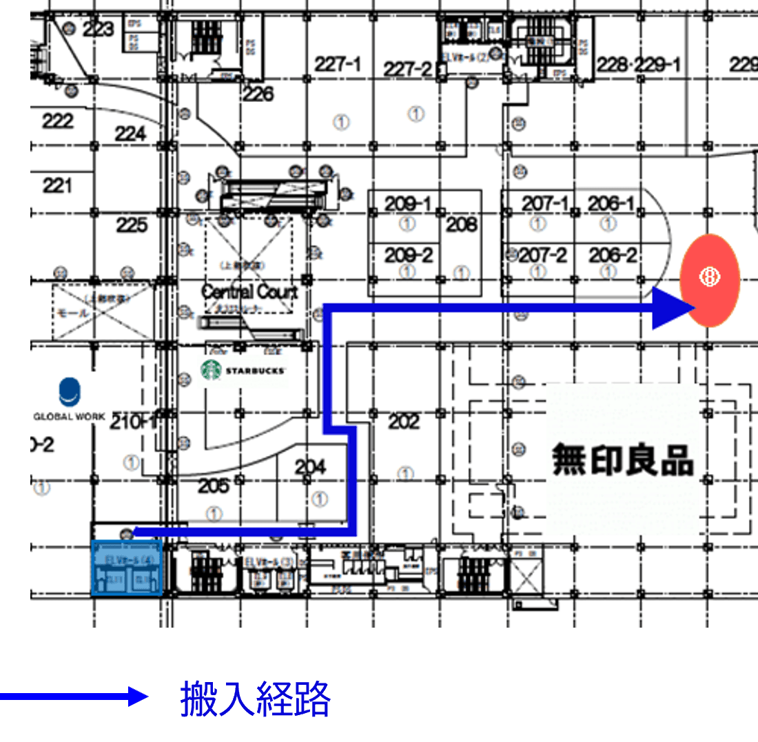 「2F-6区画(エントランス前)」プロモーションやポップアップストアに最適な、2階出入口付近の注目度の高いイベントスペースの図面・フロアマップ