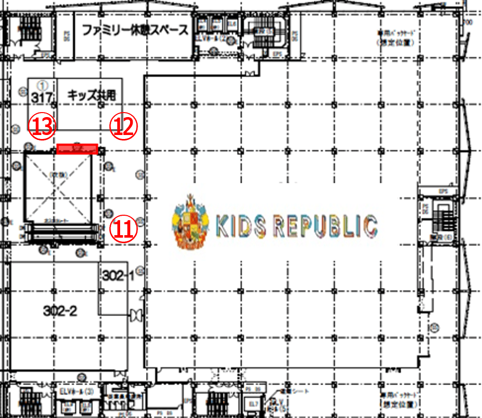 「3F-5区画(のすぽ広場前②)」子供向けのプロモーションイベントや小規模物販に最適なイベントスペースの図面・フロアマップ