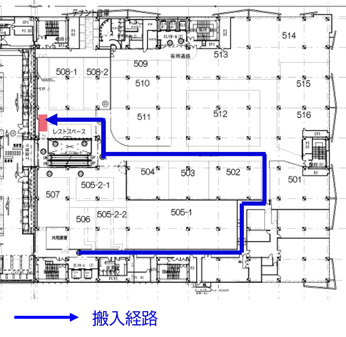 「5F-1区画(レストスペース)」ポップアップストアやプロモーションに適したエスカレーター前イベントスペースの図面・フロアマップ