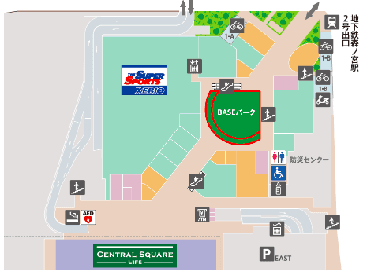 「①1F BASEパーク」大規模プロモーションや音楽イベント、展示会に利用可能な開放的な屋外の芝生広場スペースの図面・フロアマップ
