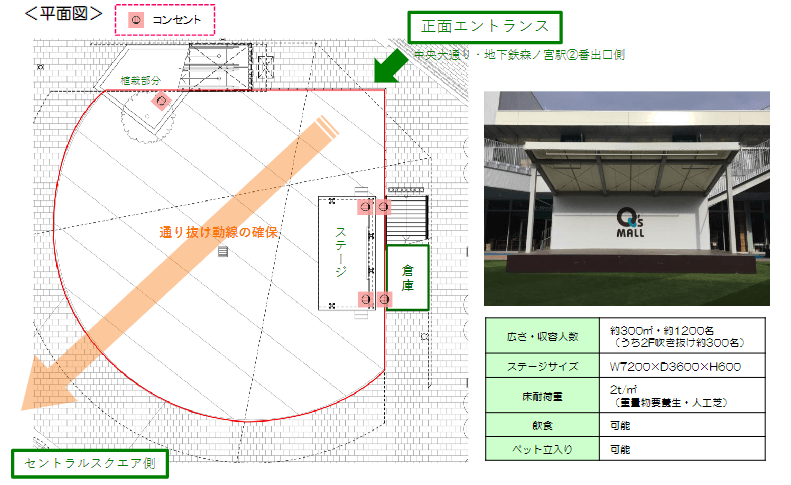 「①1F BASEパーク」大規模プロモーションや音楽イベント、展示会に利用可能な開放的な屋外の芝生広場スペースの図面・フロアマップ1