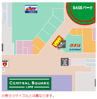 「④1F オーエスドラッグ前」エスカレーター横で通行量の多い、キッチンカー催事向けの屋外スペースの図面・フロアマップ