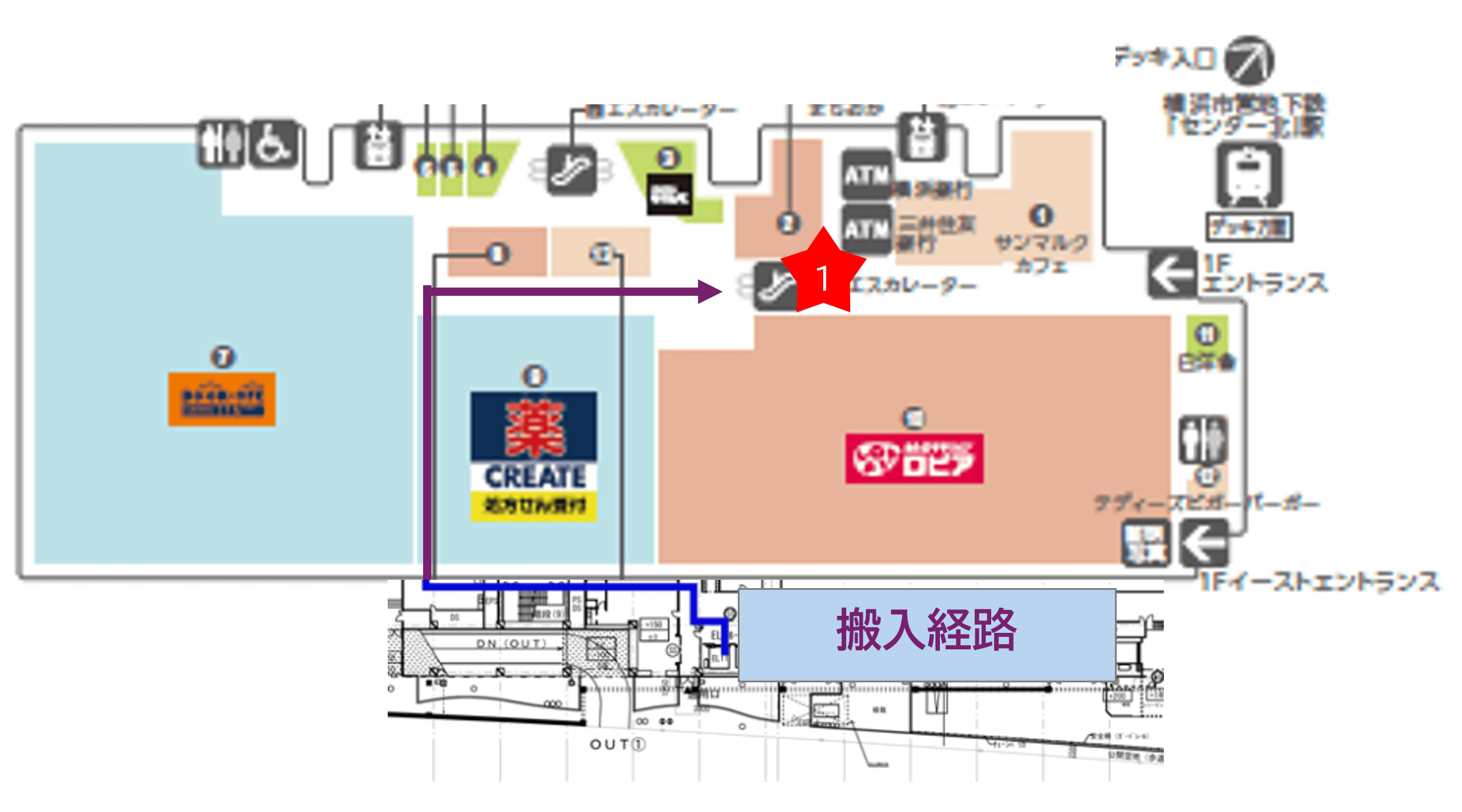 「1F-1区画(ロピア前)」食品スーパー前でトラフィックの多い導線上!食物販催事に最適なイベントスペースの図面・フロアマップ