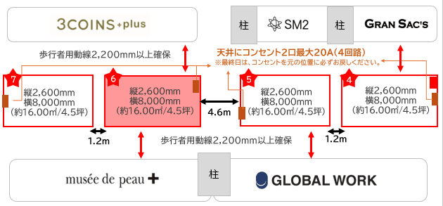 「2F-4区画(センターアベニュー:3コインズプラス手前側)」ファッション・アパレル関連のポップアップストアやプロモーションに適したイベントスペースの図面・フロアマップ1
