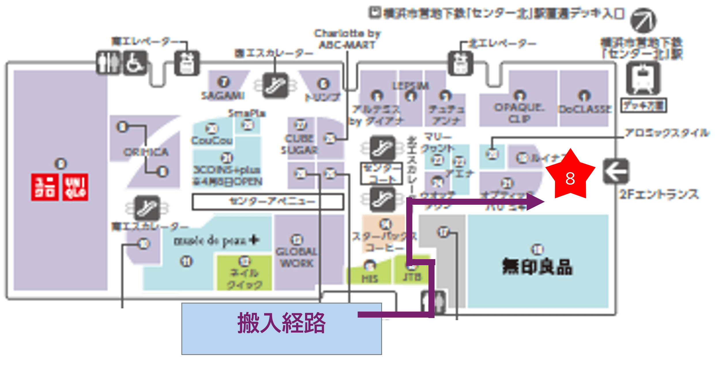 「2F-6区画(エントランス前)」プロモーションやポップアップストアに最適な、2階出入口付近の注目度の高いイベントスペースの図面・フロアマップ