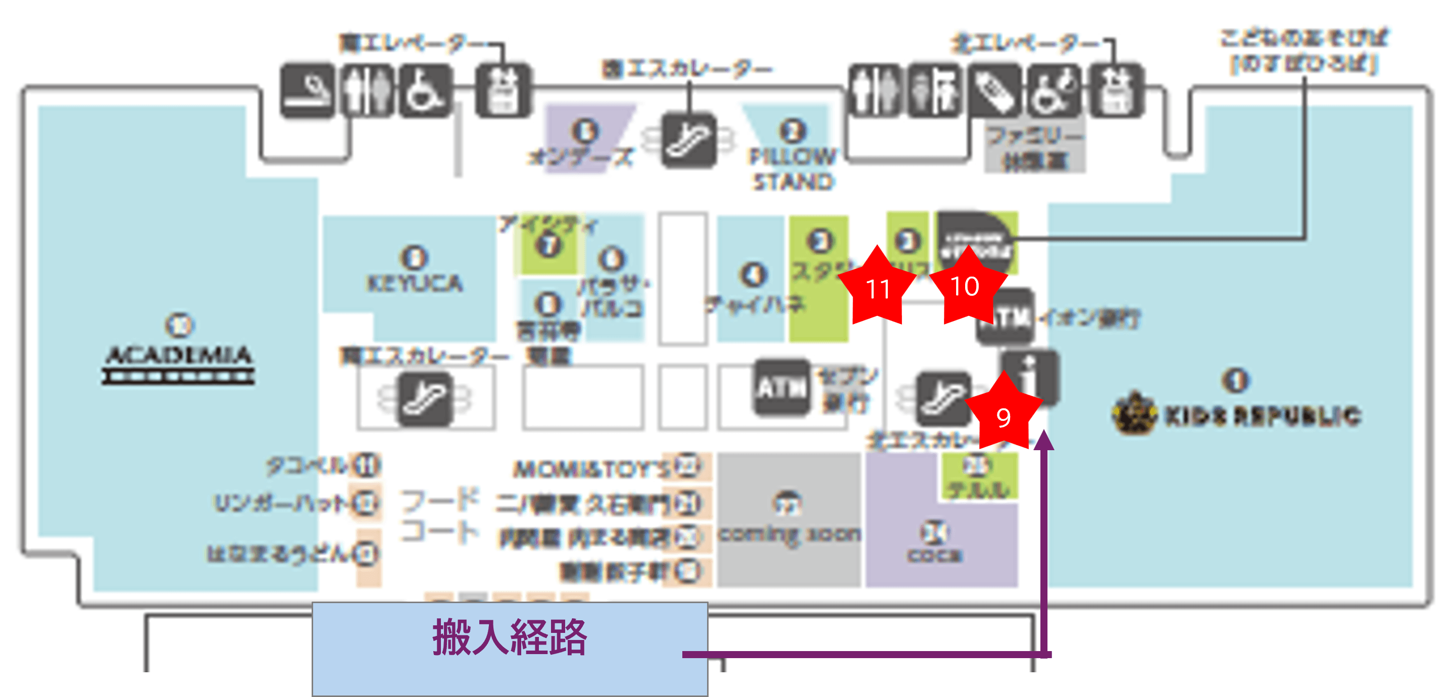 「3F-3区画(サービスカウンター横)」子供向けのプロモーションイベントや小規模物販に最適なイベントスペースの図面・フロアマップ