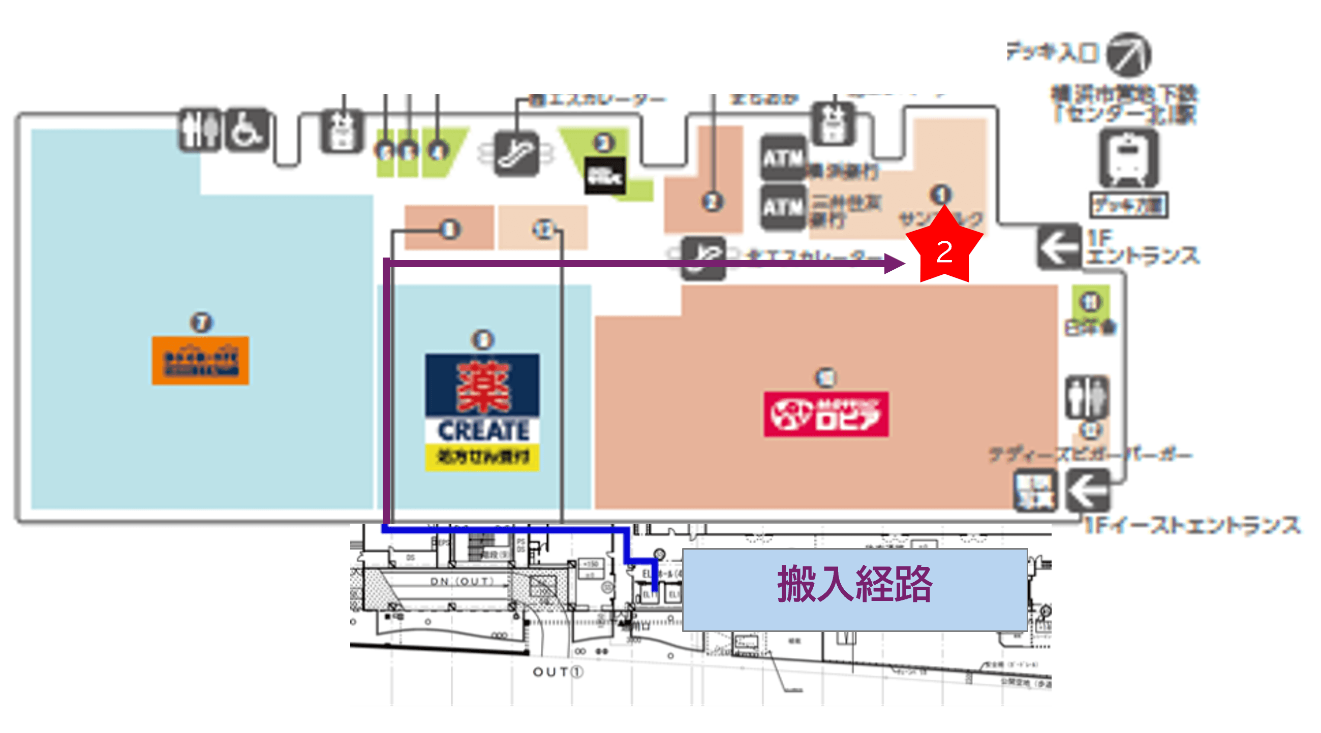 「1F-2区画(サンマルクカフェ前)」施設出入り口すぐ、食品スーパー前の食物販催事に最適なイベントスペースの図面・フロアマップ