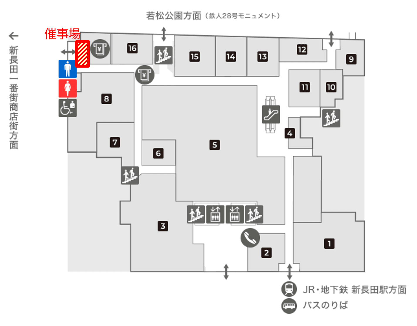 「1F 南西出入口 」新長田一番商店街方面の出入口横!ポップアップストアやPRイベントに最適な視認性の高いイベントスペースの図面・フロアマップ